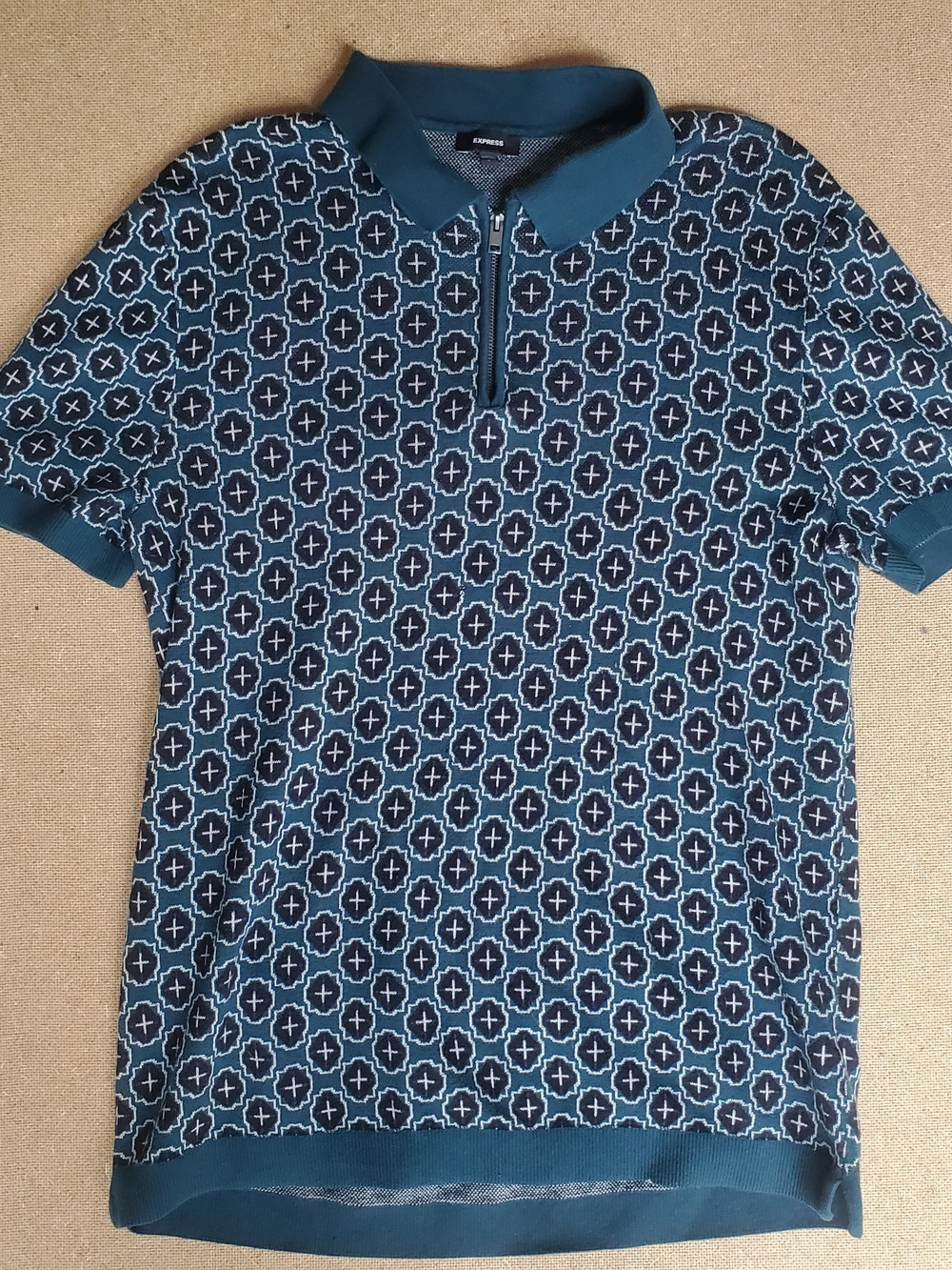 Express Men’s Teal and Navy Geometric Zip Polo